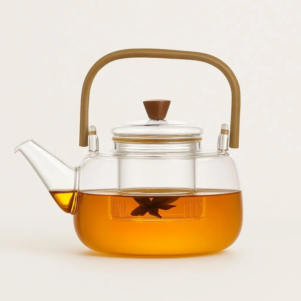 Borosilicate glass teapot with bamboo handle showcasing heat resistant design for loose leaf tea brewing