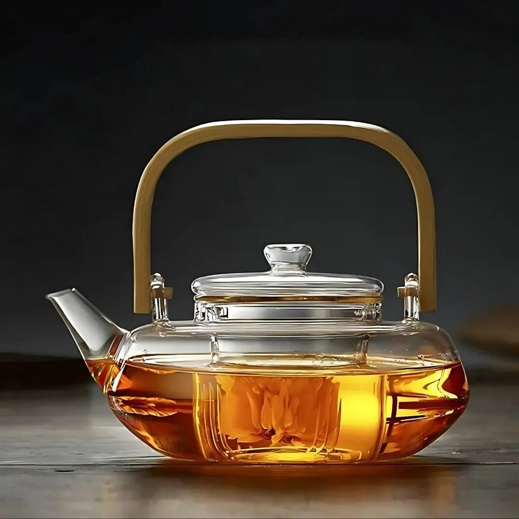 Heat resistant borosilicate glass teapot with bamboo handle perfect for loose leaf tea infuser brewing