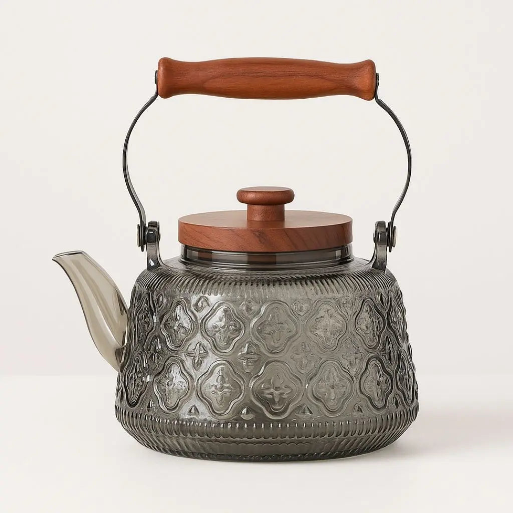Transparent glass teapot wooden handle elegant tea brewing kettle kitchen accessories