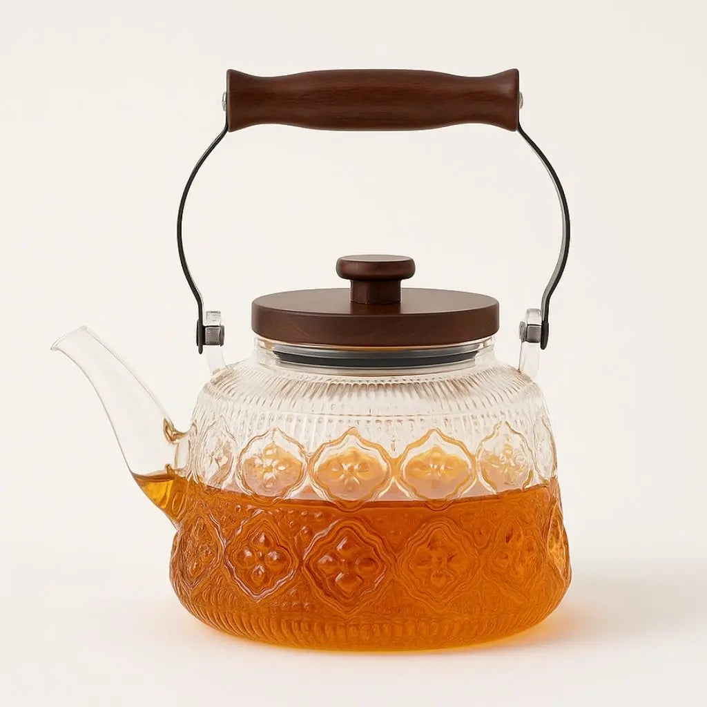 Borosilicate glass teapot wooden grip handle heat-proof tea accessories clear brewing vessel
