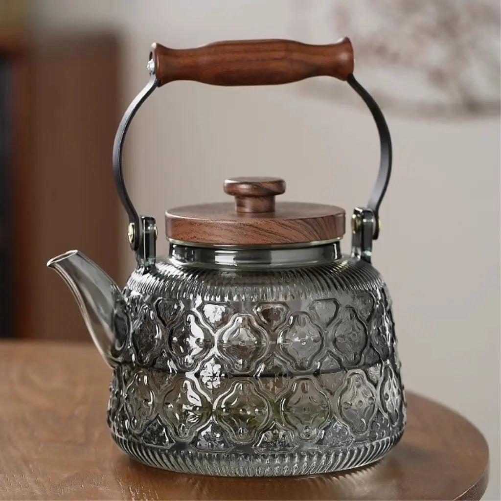 Clear glass teapot wooden handle tea infuser kitchen essentials heat-resistant brewing