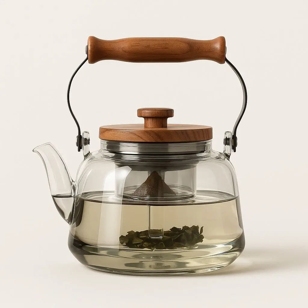 Heat-resistant glass teapot with wooden handle 1000ml borosilicate tea kettle for brewing