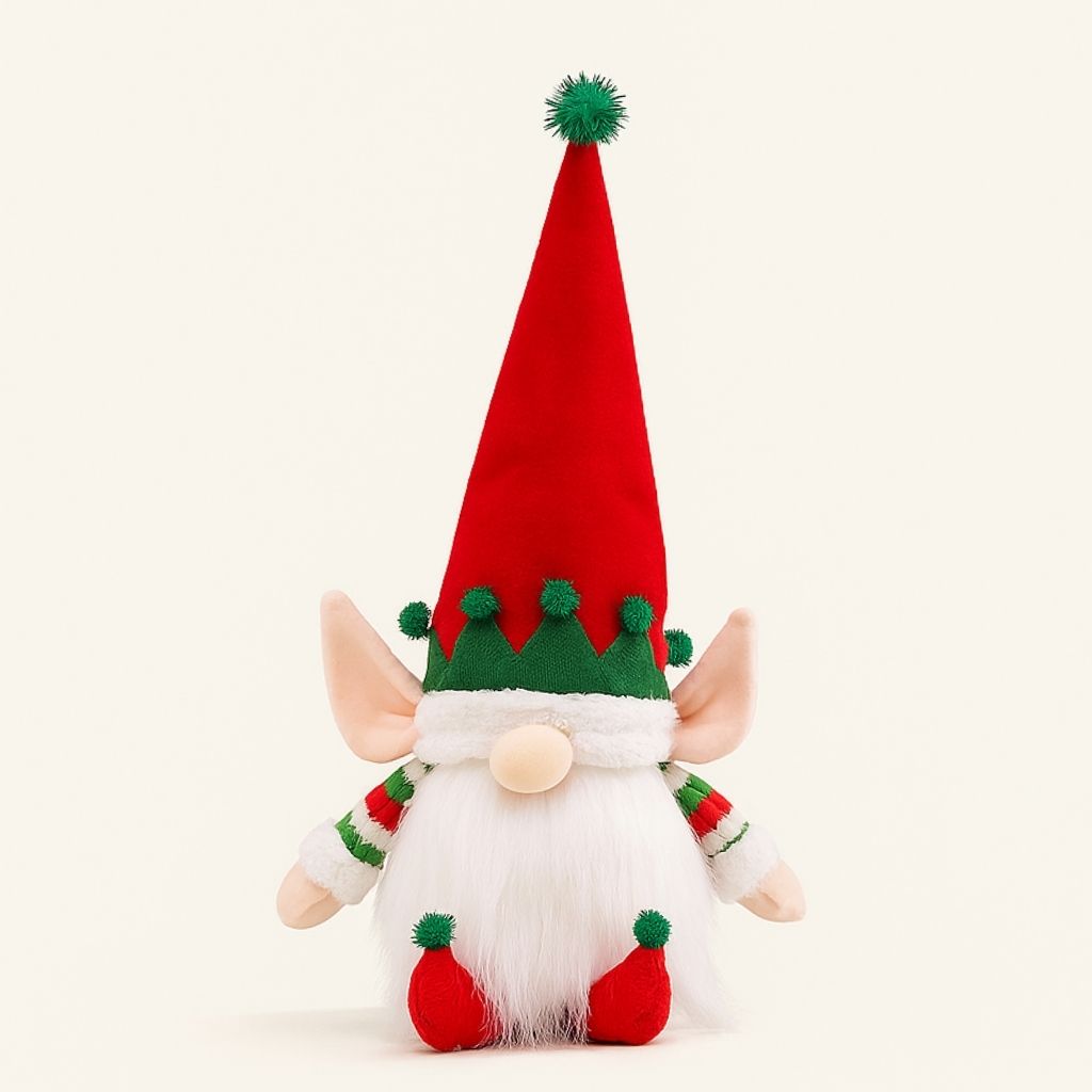 Illuminated gnome ornament with oversized ears and tall red hat on white background