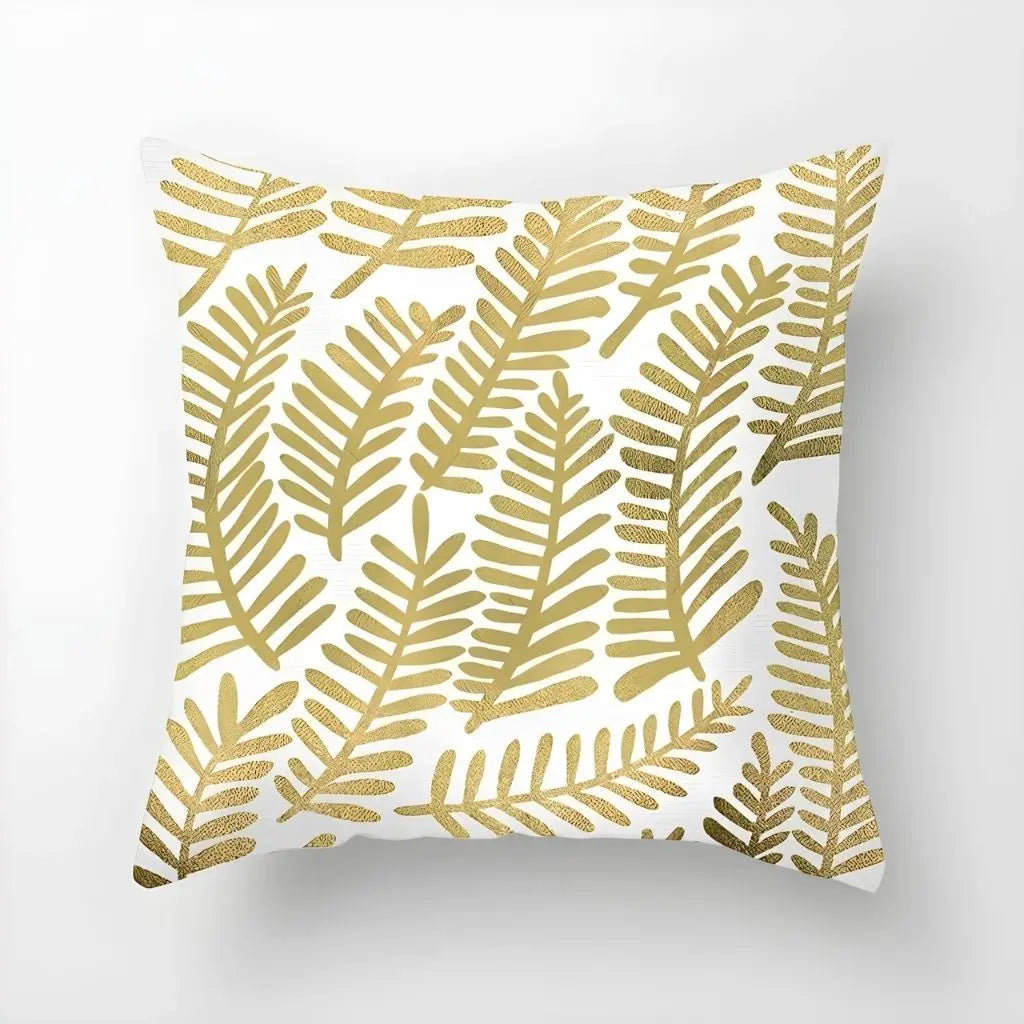 Metallic gold geometric pillow cover with soft peach-skin texture, luxury home decor accent piece