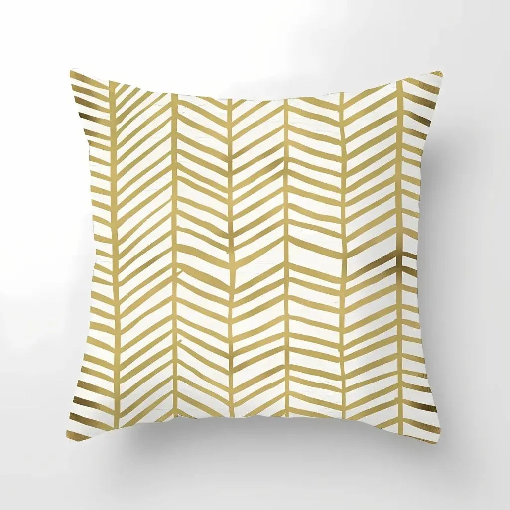 Geometric gold decorative pillow cover with metallic pattern, modern accent cushion for interior design