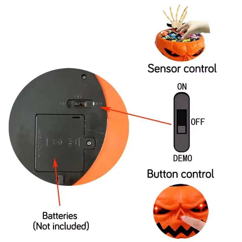 Halloween decoration with sensor control, button control, and a close-up of batteries not included.