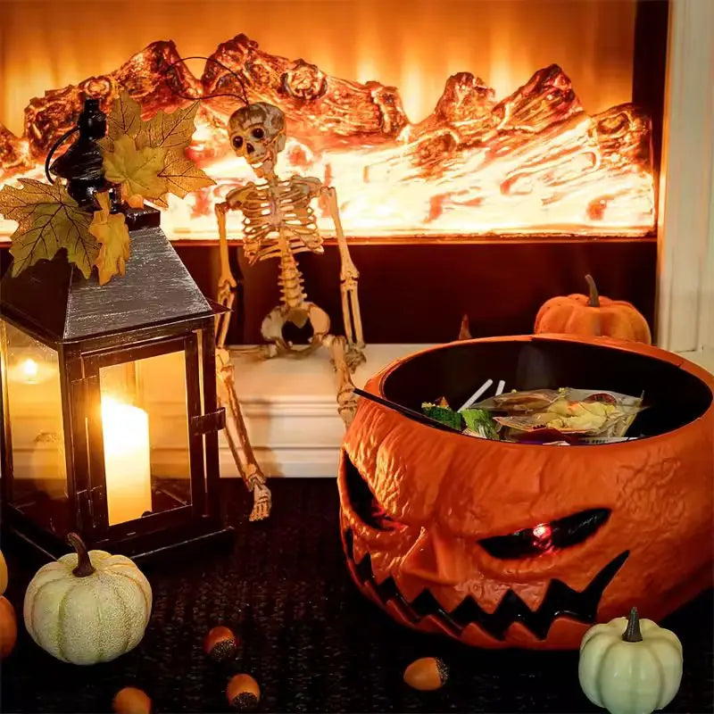 Halloween-themed setting with jack-o'-lantern bowl, lantern, and skeleton near a fireplace.