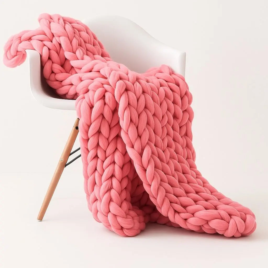 Wool chunky knit throw with distinctive braided pattern, handcrafted for ultimate home comfort