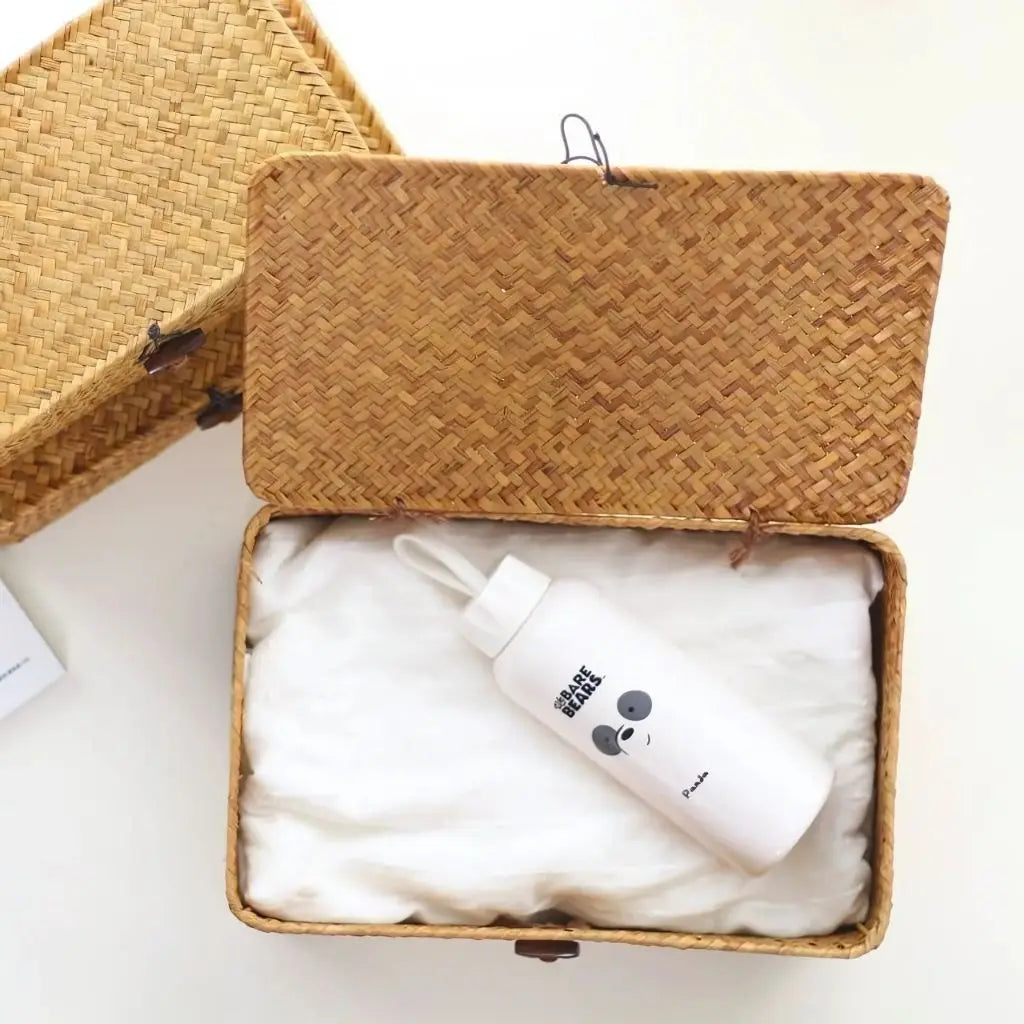 Woven seaweed storage basket handcrafted rectangular organizer with loop closure lid design