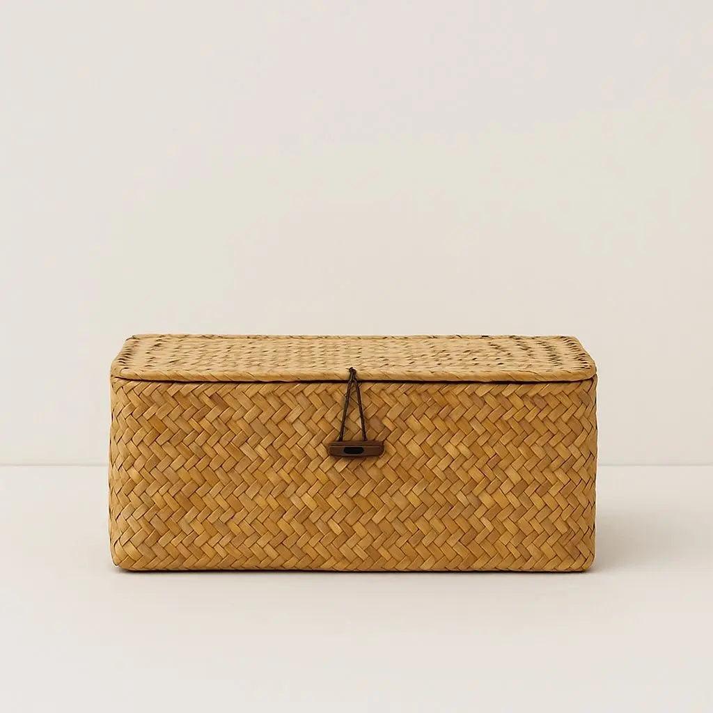 Natural seaweed woven storage basket with lid handmade eco-friendly home organizer container