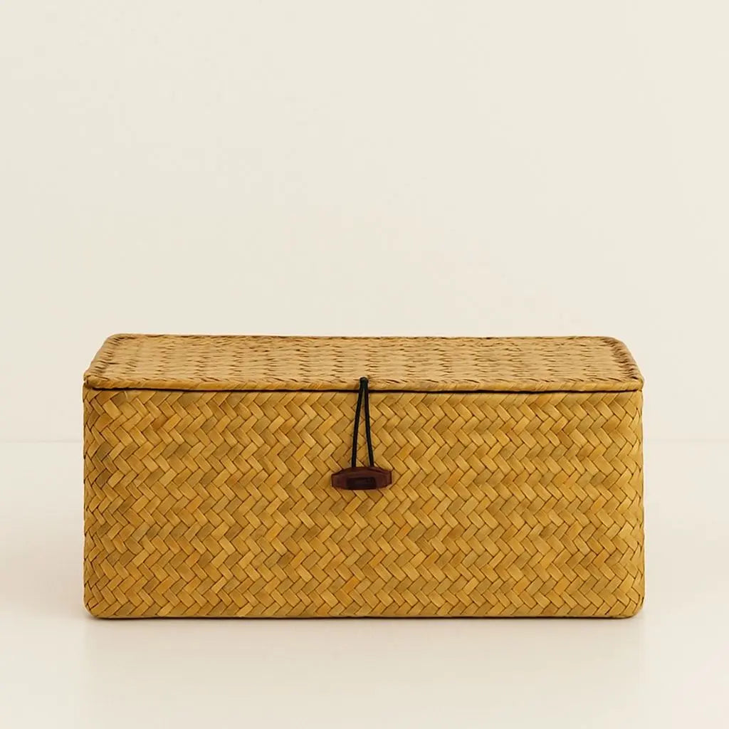 Eco-friendly natural seaweed storage container woven basket with lid for organizing essentials