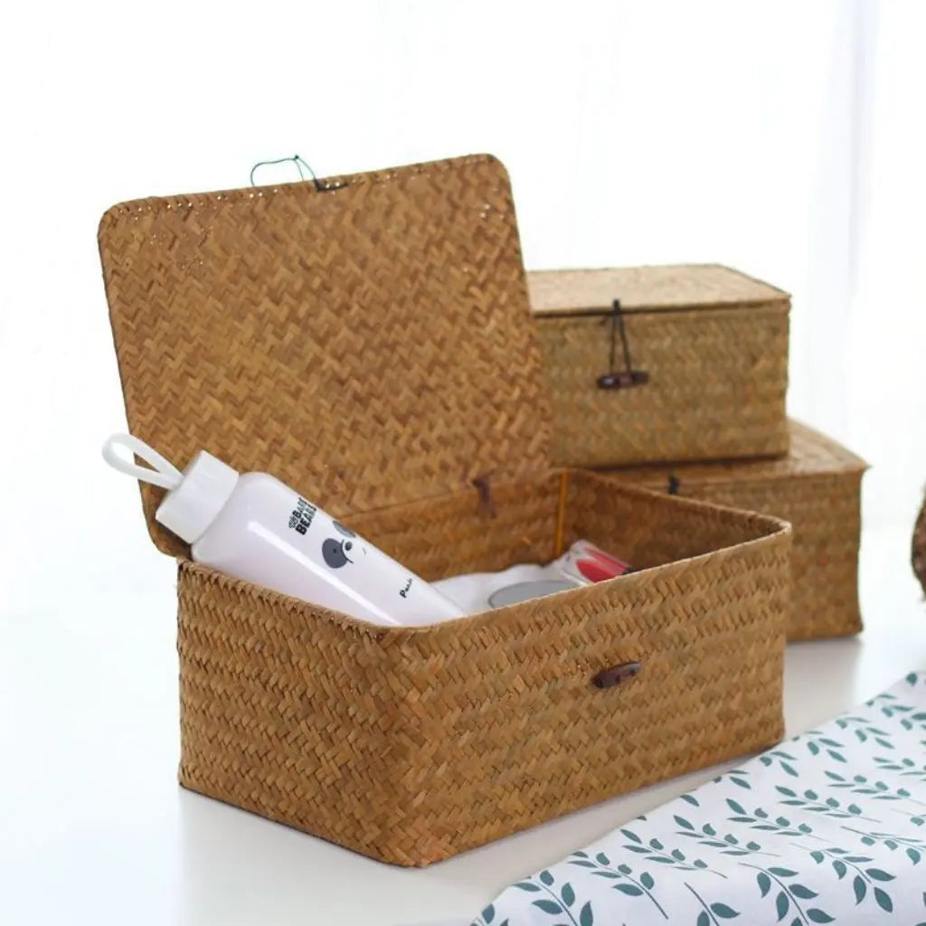 Natural seaweed basket storage container handmade woven texture eco-friendly home decor organizer