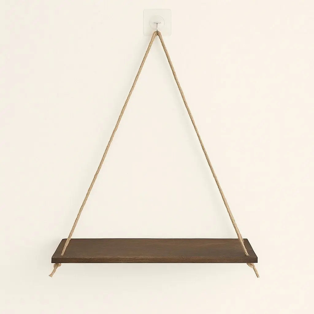 Wall mounted wooden shelf with rope suspended display ideal for natural home organization