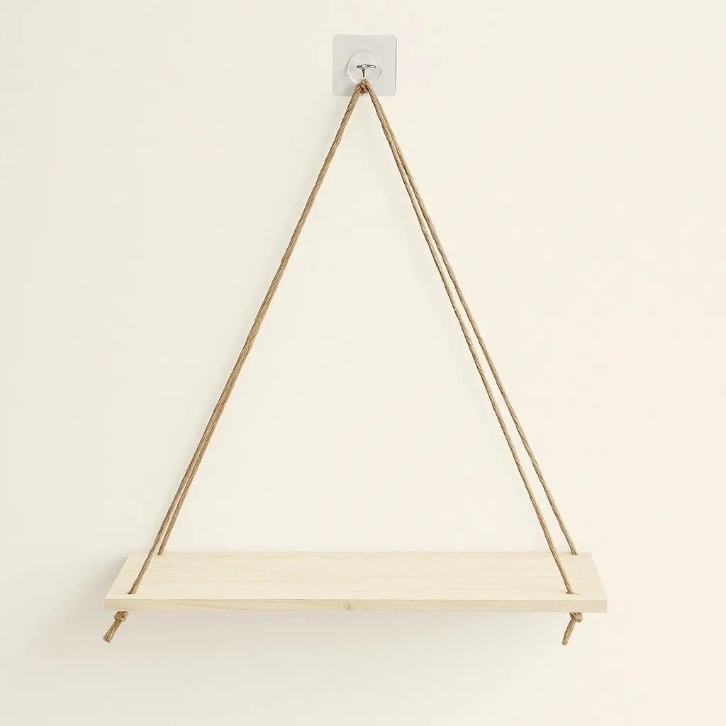 Wooden swing shelf with rope hanging design offering natural wall storage solution for home decor
