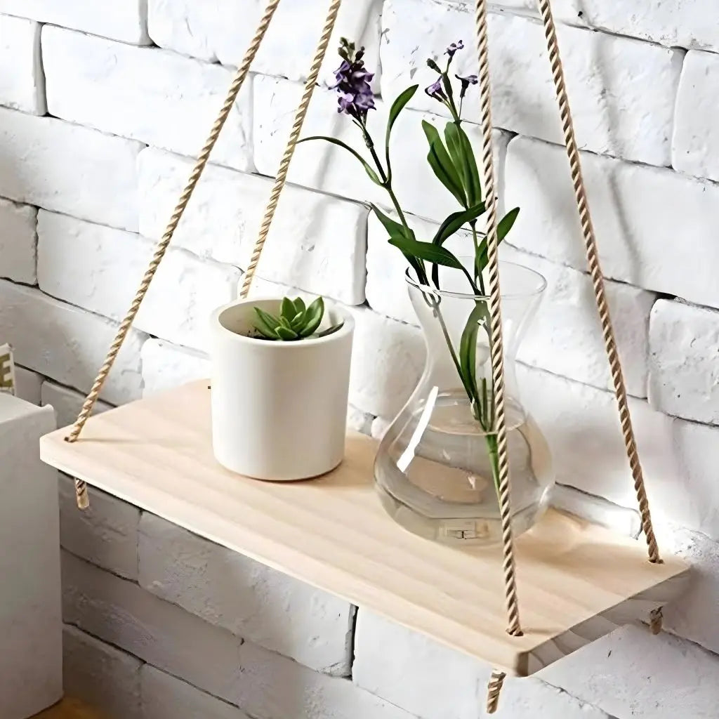 Natural wood shelf with rope suspended design for hanging wall storage and home organization