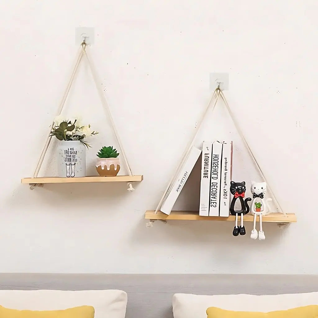 Rope hanging shelf crafted from natural wood for wall display and minimalist home storage