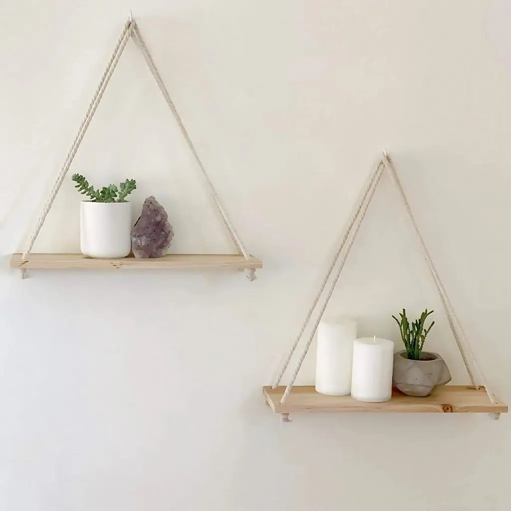 Suspended wooden shelf with rope wall organizer design for natural home storage and display