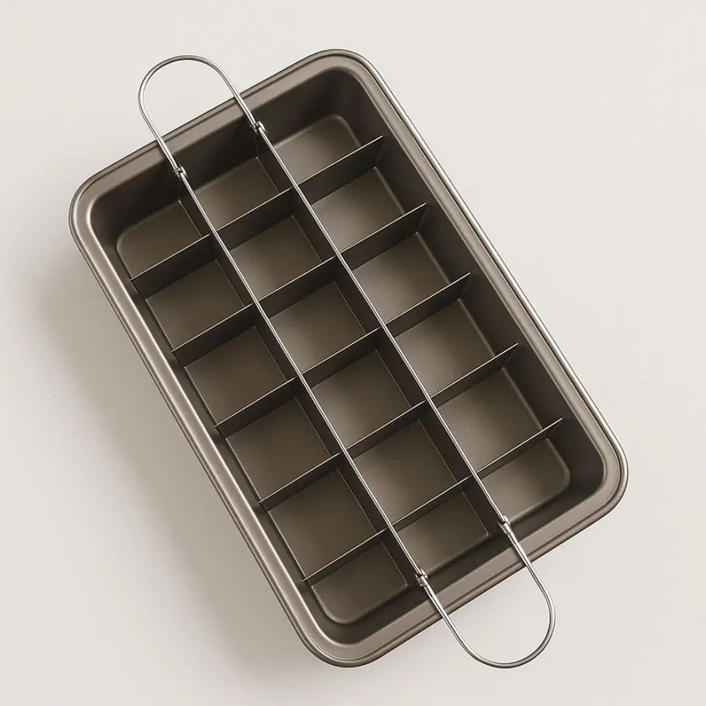Carbon steel brownie baking pan with nonstick coating and removable divider for perfect square brownies