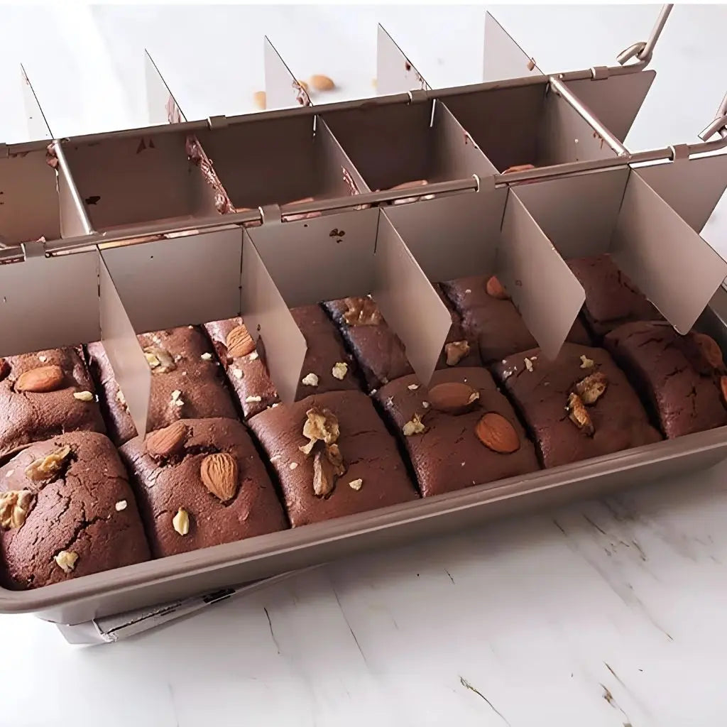 Harper brownie pan in use showing nonstick surface and divider creating perfectly shaped brownie portions