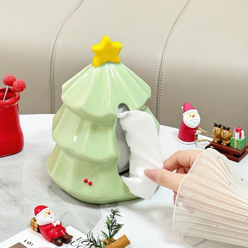 Christmas tree tissue holder with front opening and molded holly berry details