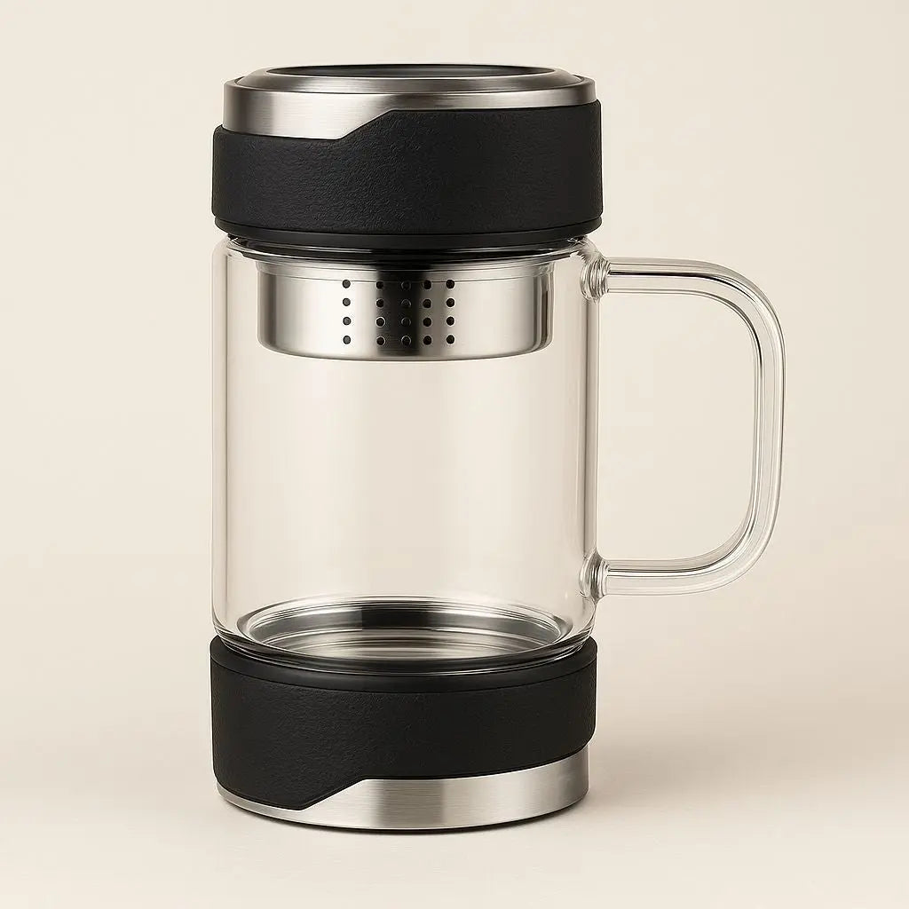 Borosilicate glass tea mug with stainless steel infuser and handle for brewing loose leaf tea at home