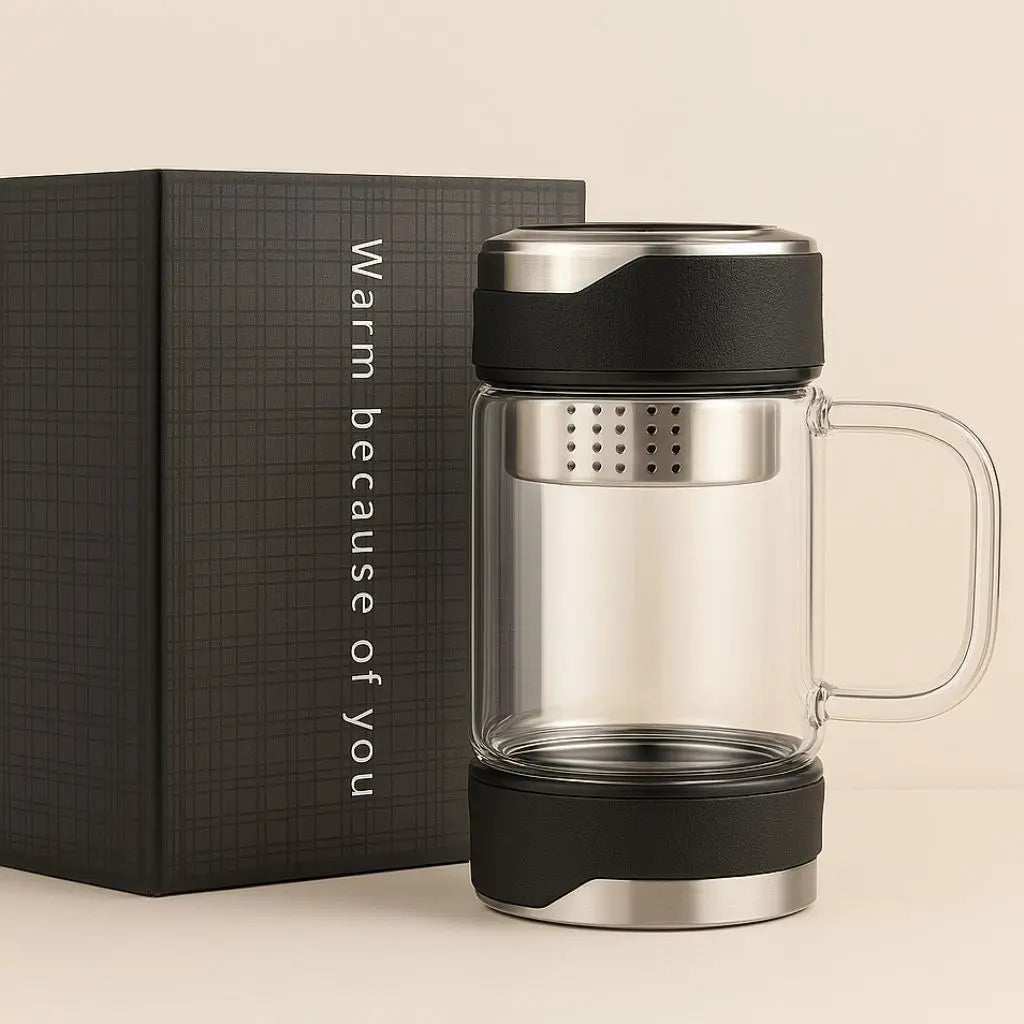 Clear glass tea cup featuring 304 stainless steel mesh infuser for optimal tea brewing and flavor