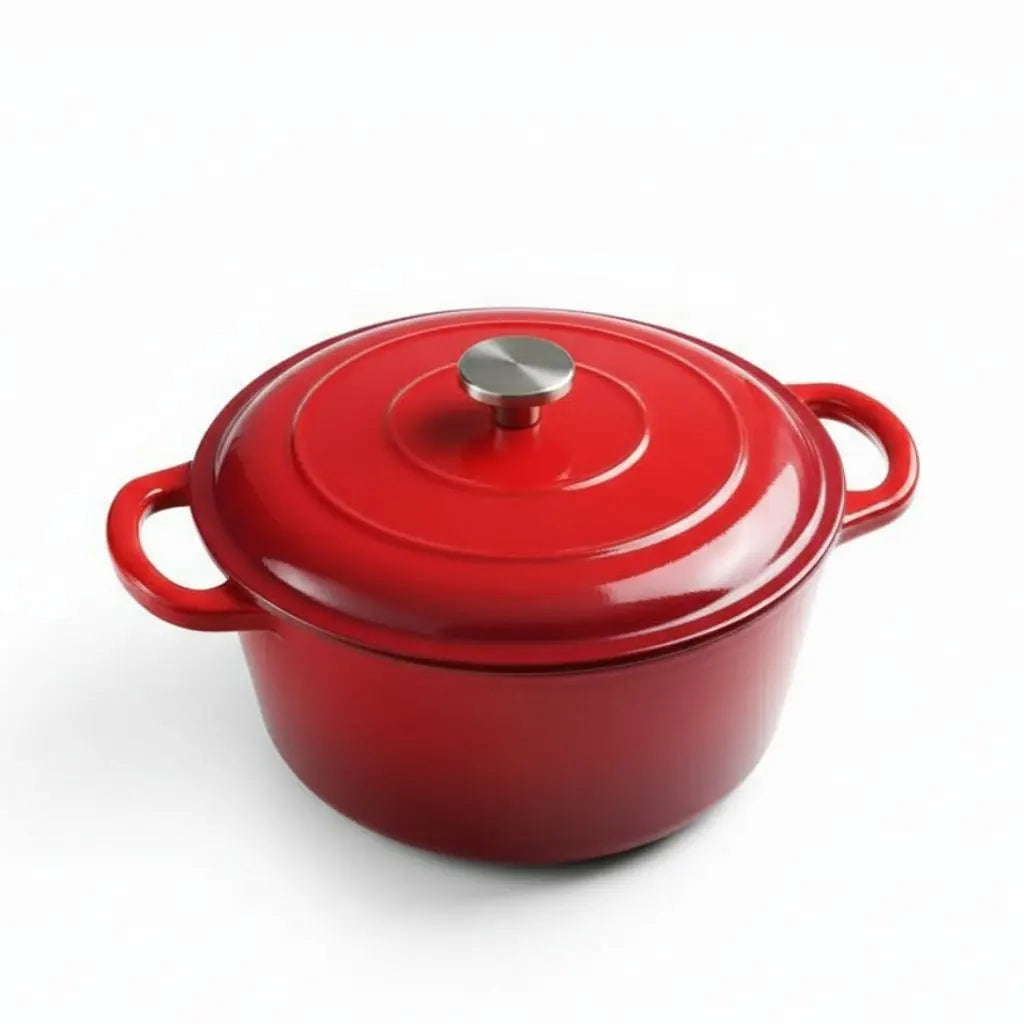 : Large cast iron enamel soup pot with generous cooking capacity ideal for family meals and batch cooking