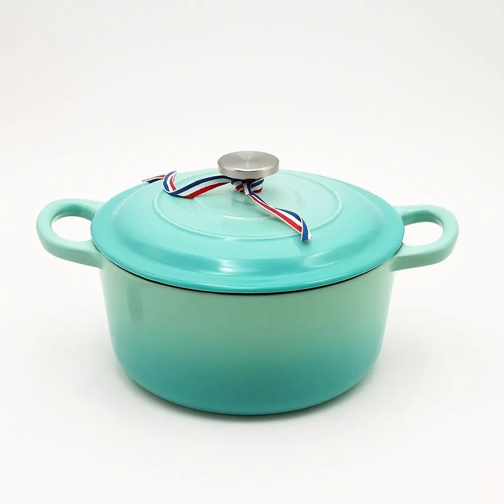 Heavy duty cast iron dutch oven with smooth enamel finish and ergonomic handles for oven safe cooking