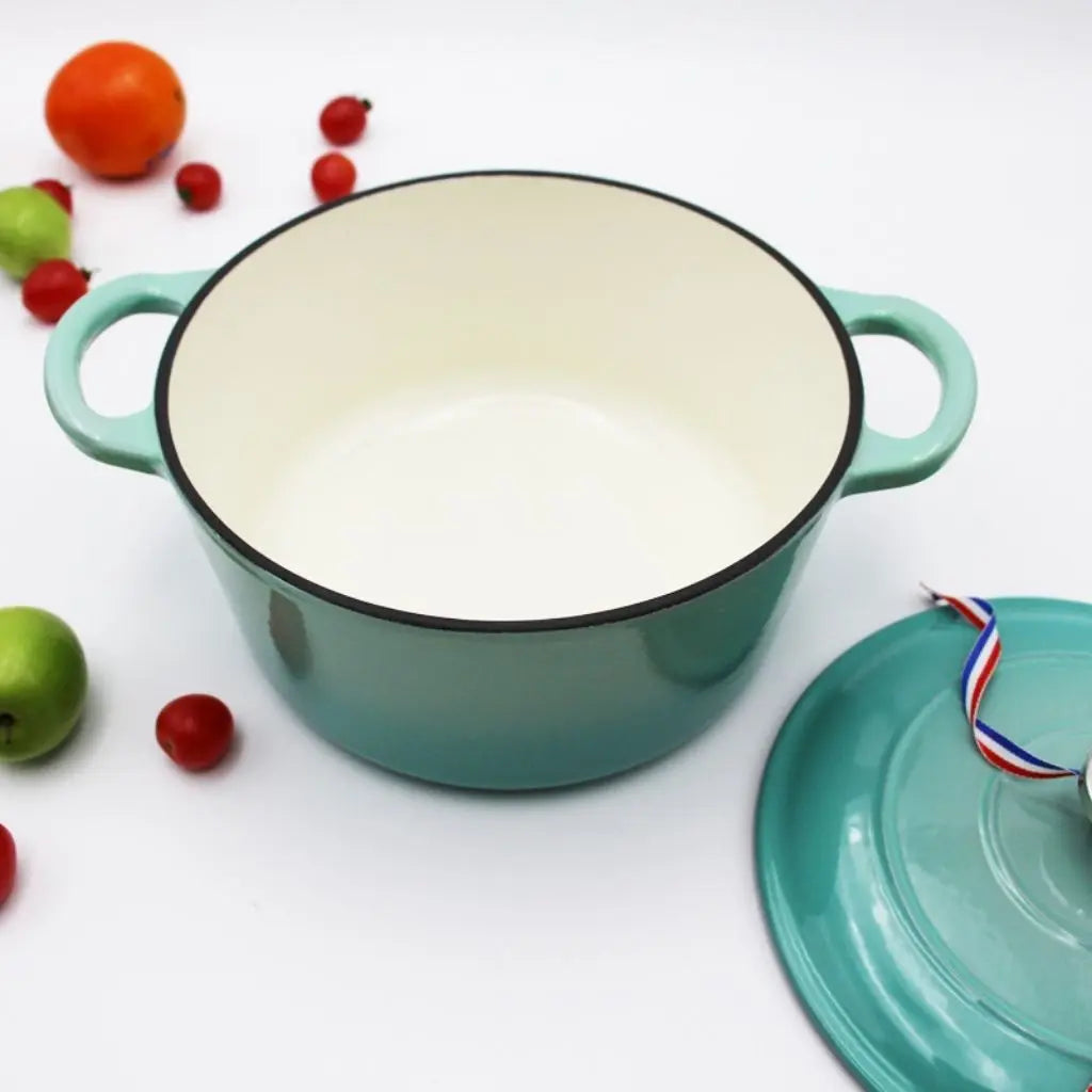 Heavy duty cast iron dutch oven with smooth enamel finish and ergonomic handles for oven safe cooking