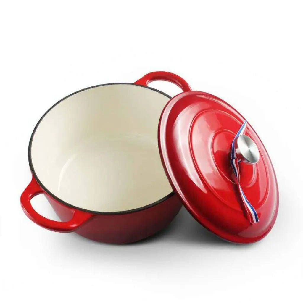 Cast iron enamel dutch oven featuring sturdy ergonomic handles designed for superior heat retention cooking