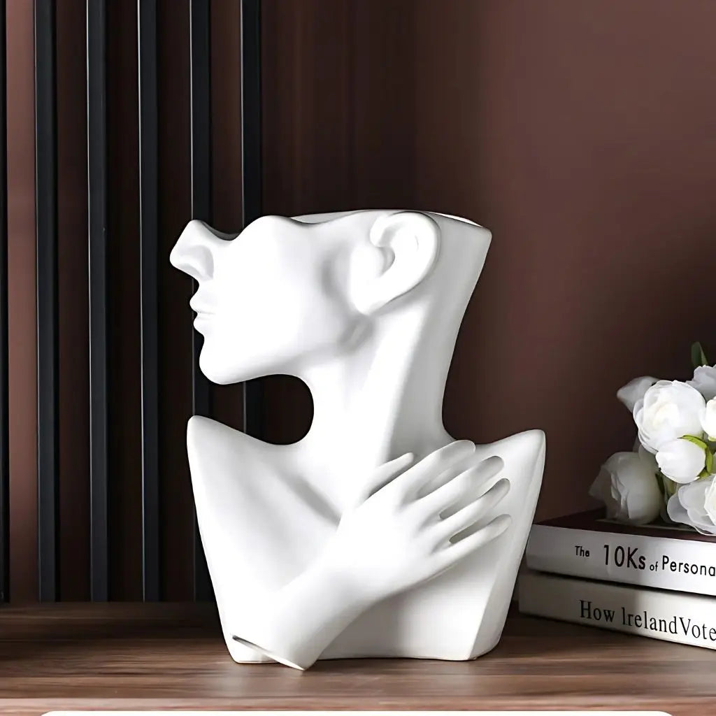 Ceramic head vase with modern abstract features, Nordic style decorative vessel for contemporary home styling