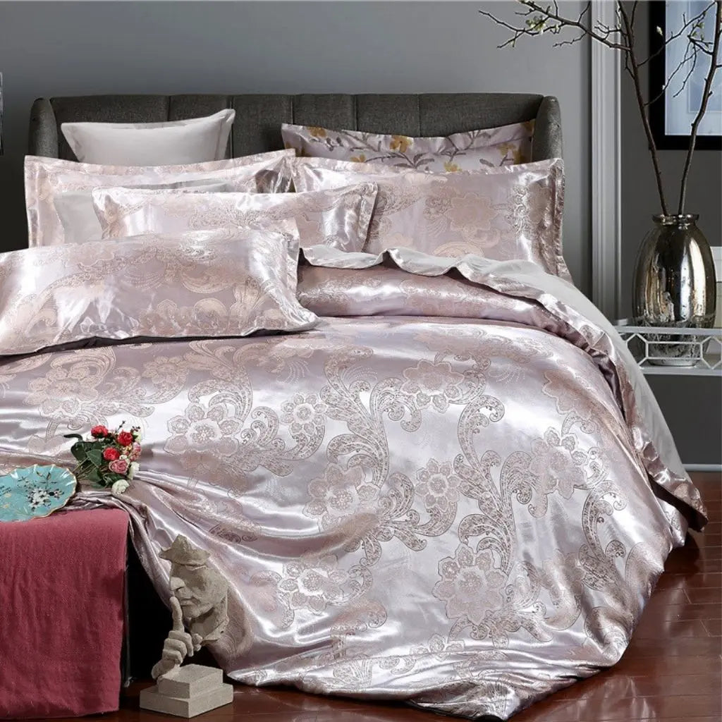 Complete 4-piece jacquard bedding collection showing quilt cover, bed sheet, and matching pillowcases