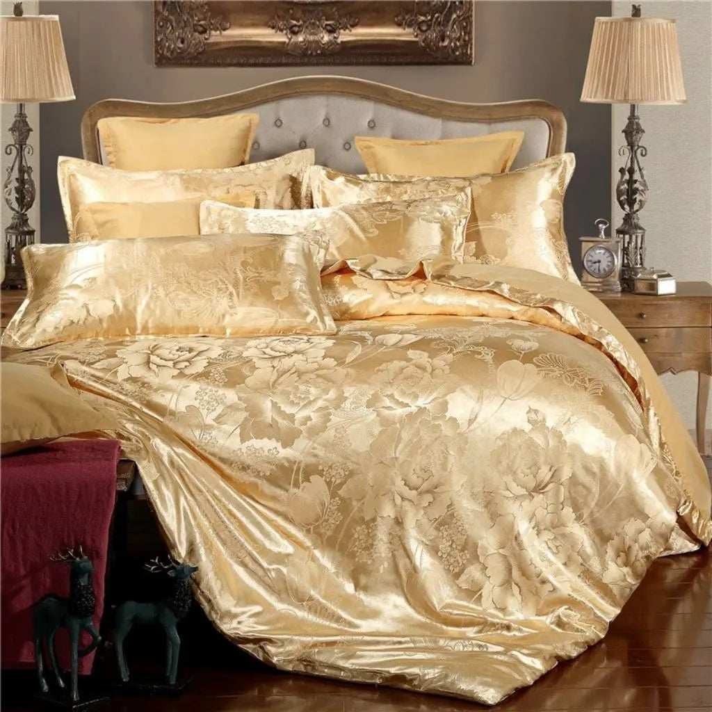 Jacquard floral bedding set styled in modern bedroom interior with coordinated home decor accessories