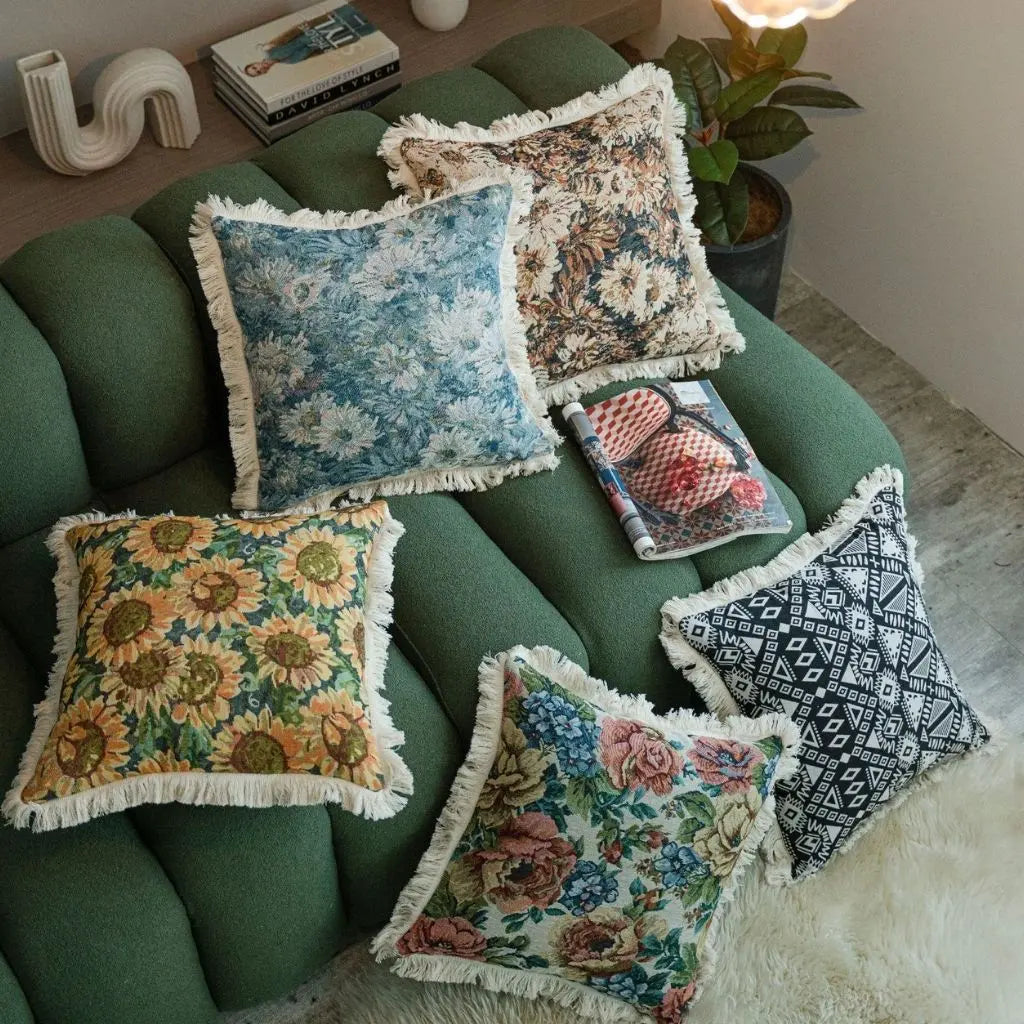 eometric jacquard weave pillowcase with tassel accents adding textured depth to home decor