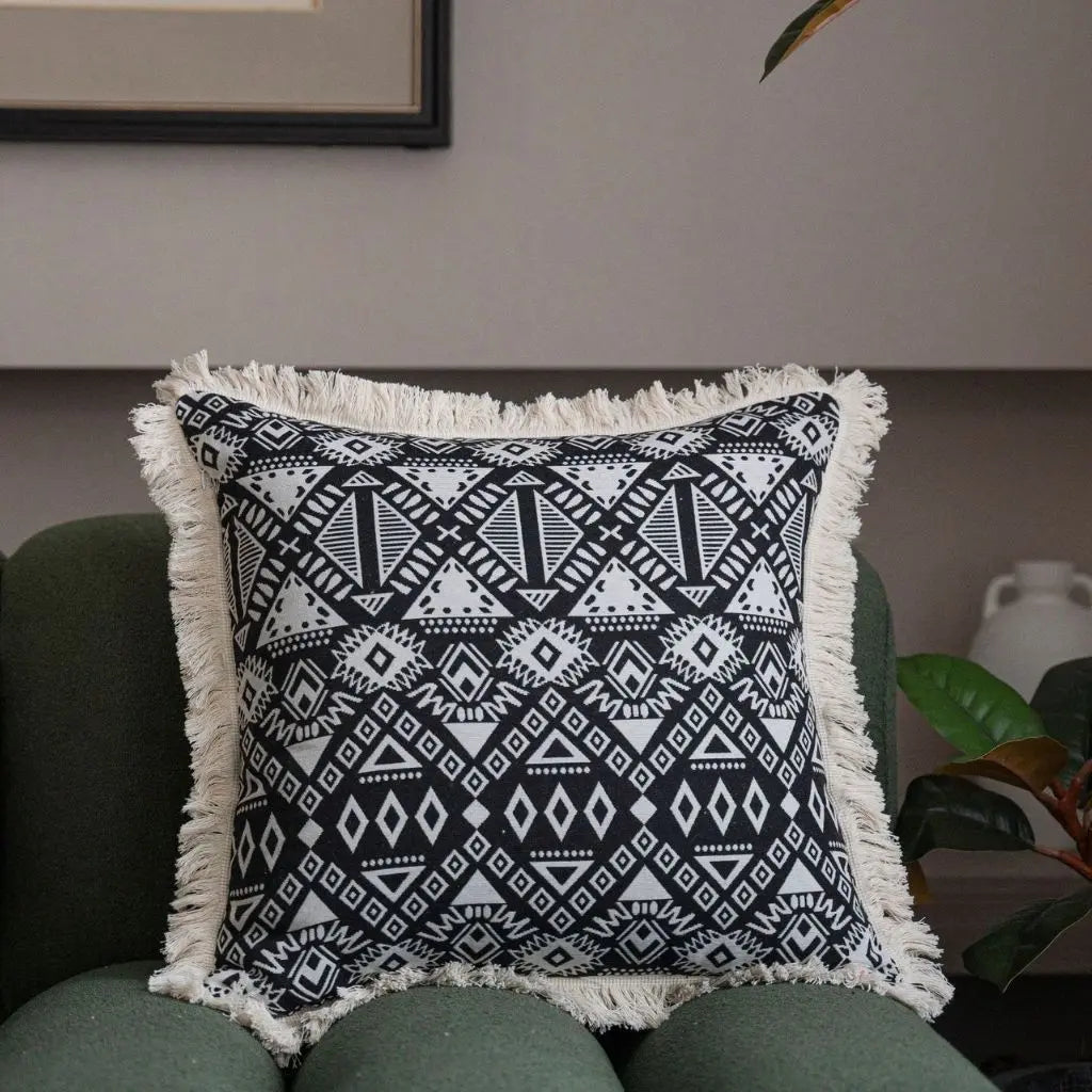 American jacquard throw pillow with geometric weave and soft tassel edges for sofa and bedroom use