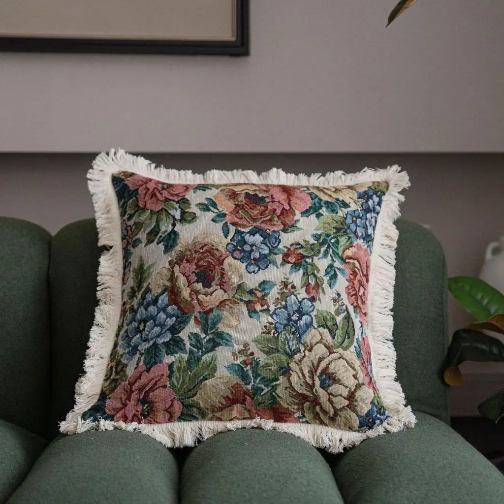 American-inspired geometric pillow with durable polyester jacquard fabric and decorative tassel trim