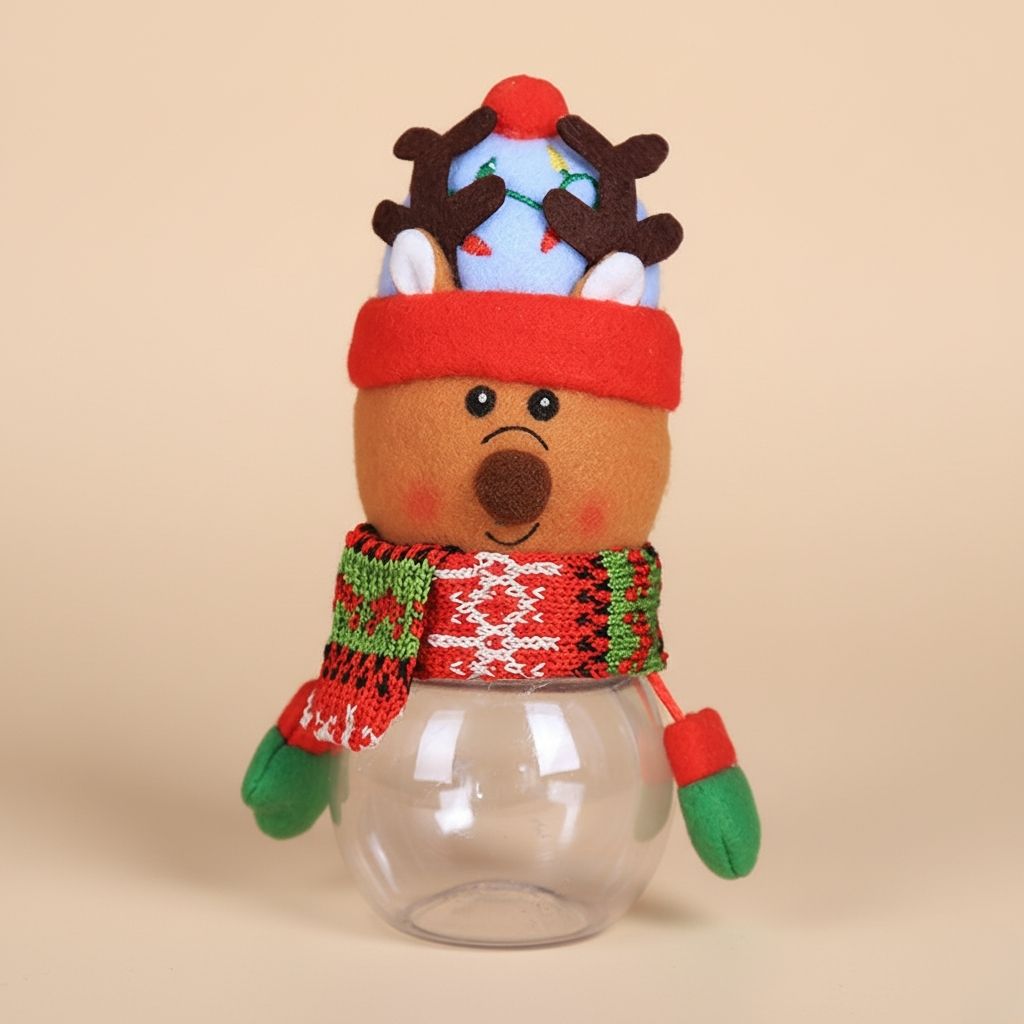 Holiday candy jar with plush character topper and clear glass base filled with colorful treats