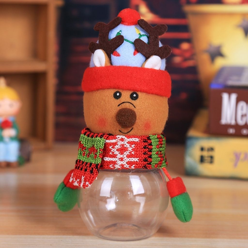 Christmas candy container featuring soft fabric character lid and transparent storage jar