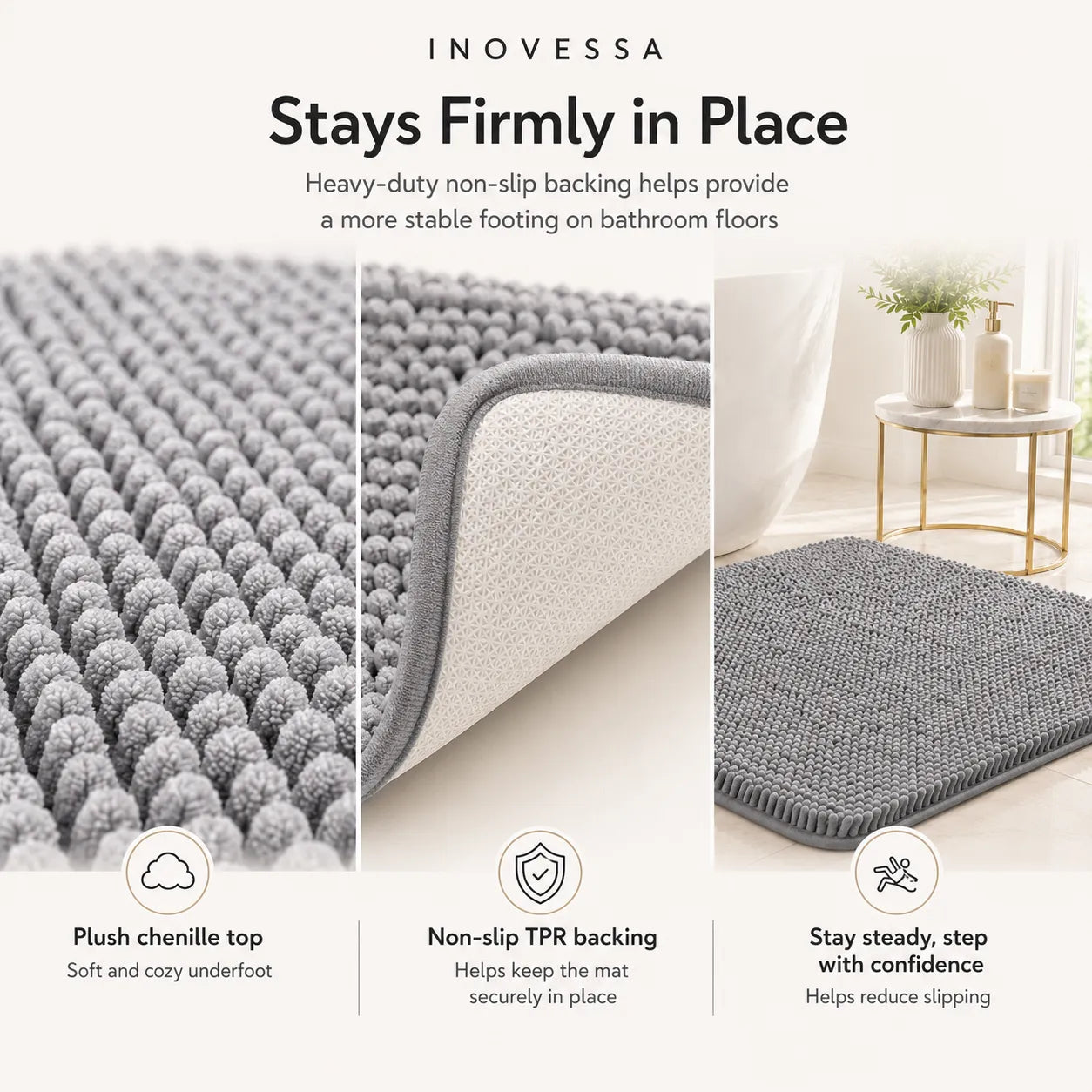 Gray bath mat with text highlighting features on a white background