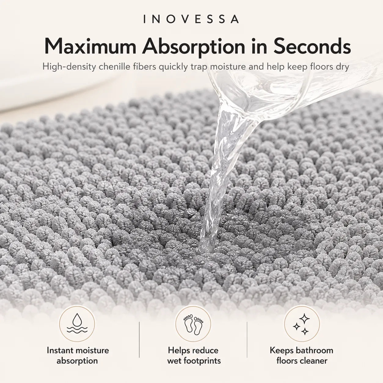 Gray bat mat absorbing water with Inovessa branding and product benefits listed.