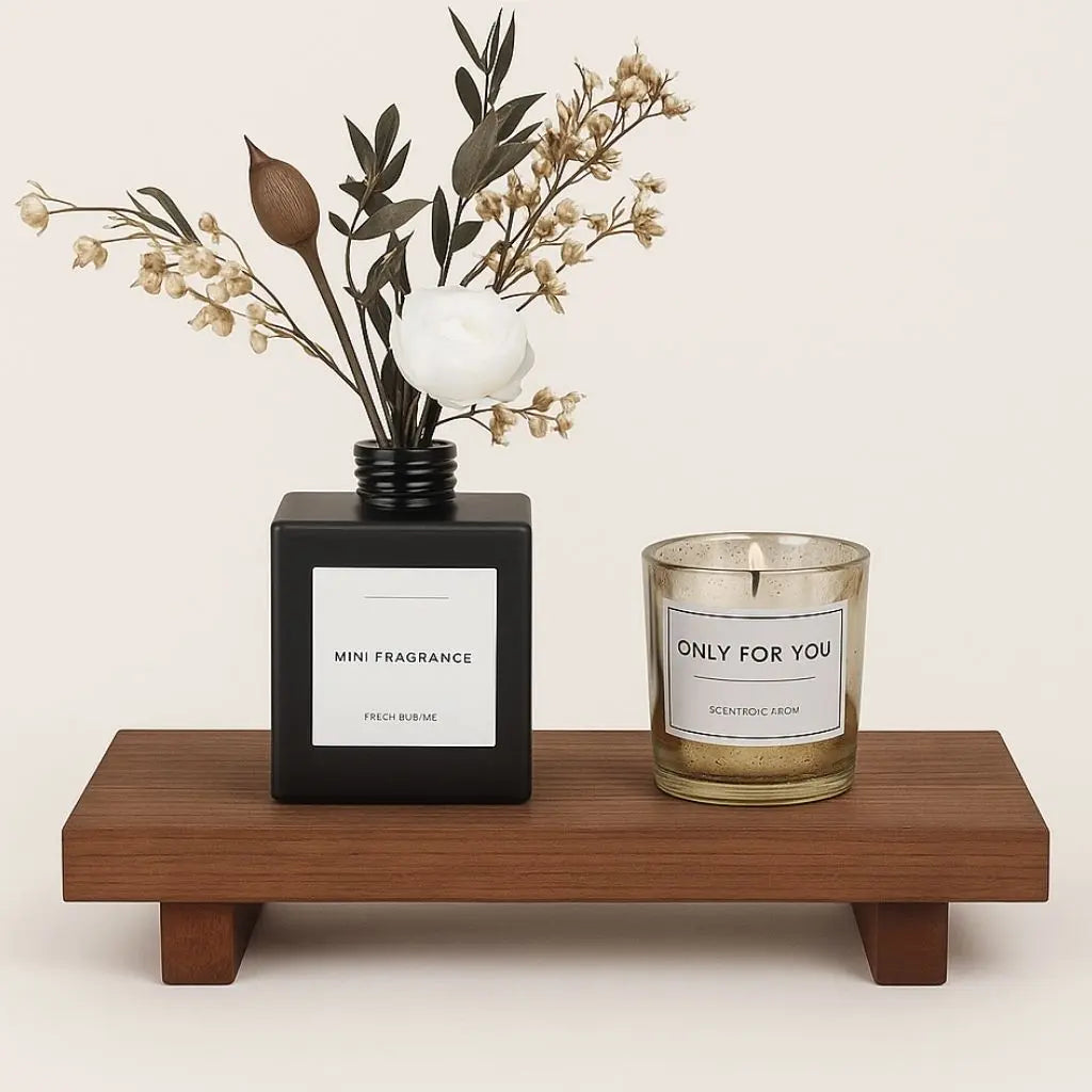 Compact wooden organizer bathroom tray serving as elegant toiletry holder for home decor