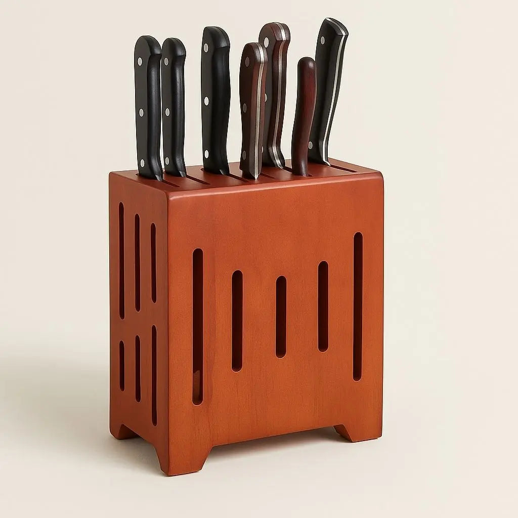 Wooden knife holder crafted from rubber wood with ventilated slots for kitchen knife storage and organization