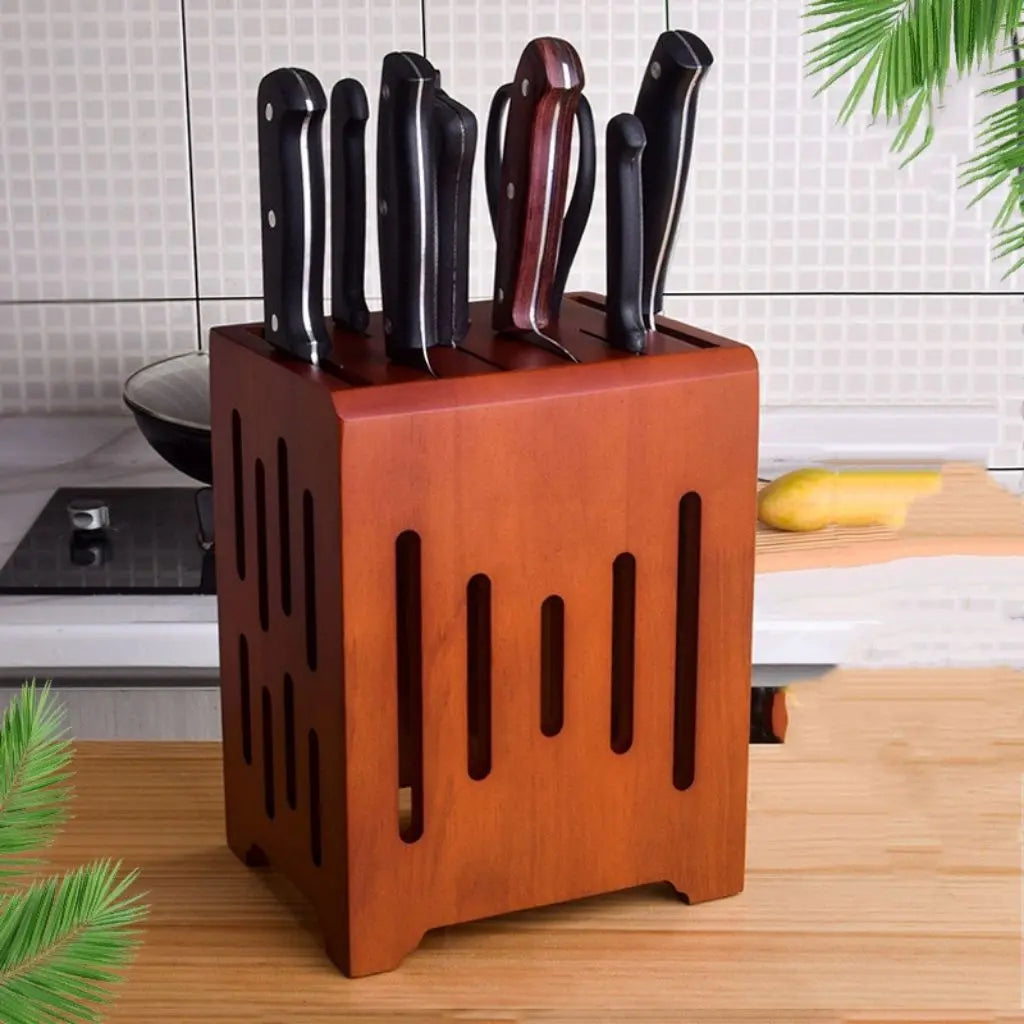 Rubber wood knife block featuring ventilated design to prevent moisture buildup in kitchen storage