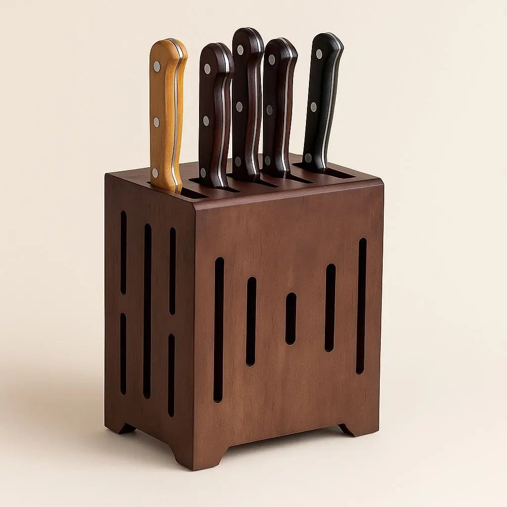 Large capacity wooden knife holder accommodating multiple kitchen knives with safe rubber wood construction