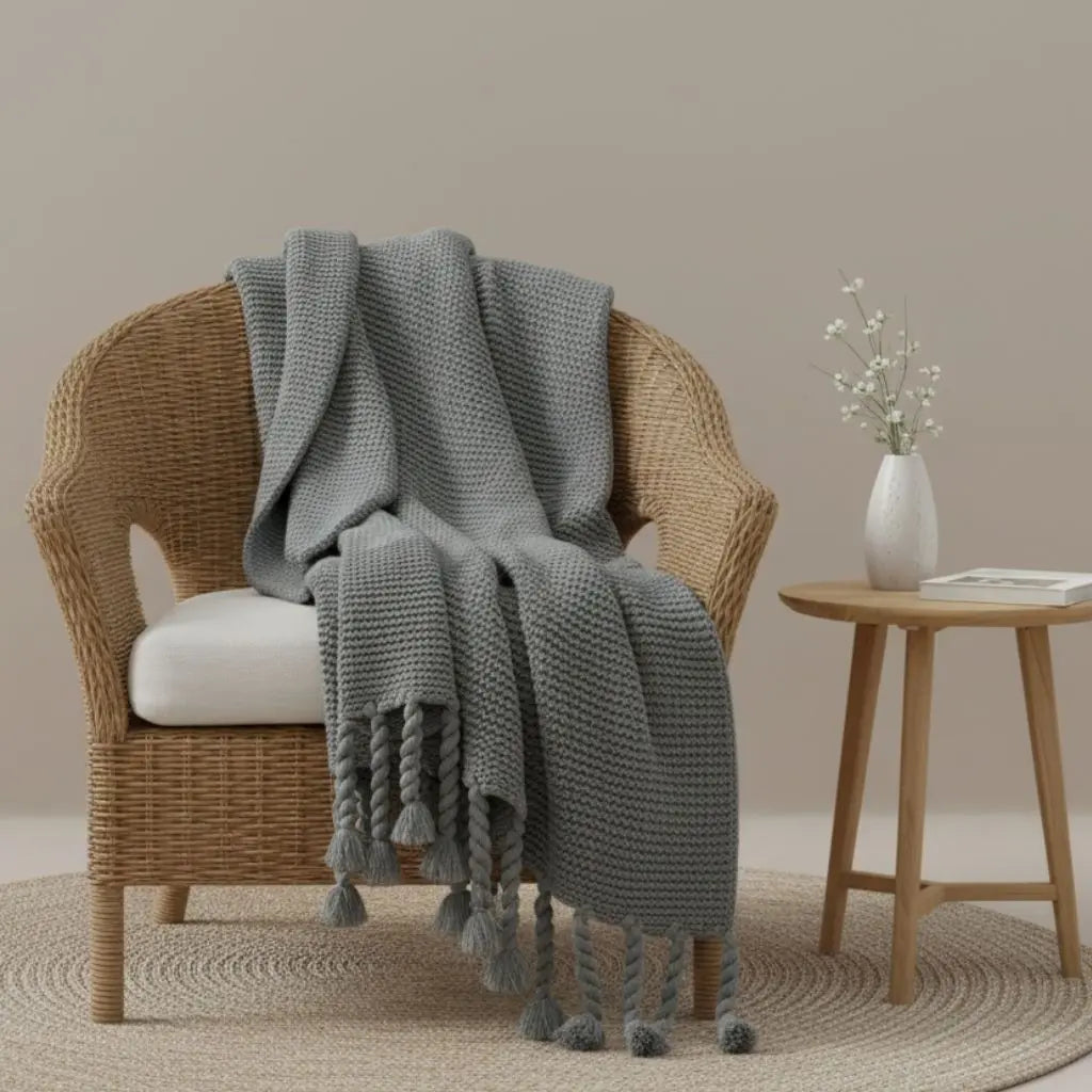 Chloe Twist Tassel Cotton Knit Blanket Inovessa