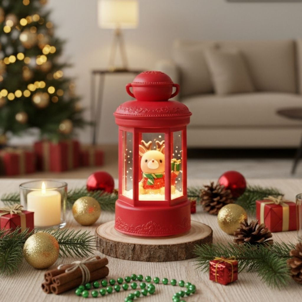 Christmas scene lantern with warm glow in miniature synthetic resin design