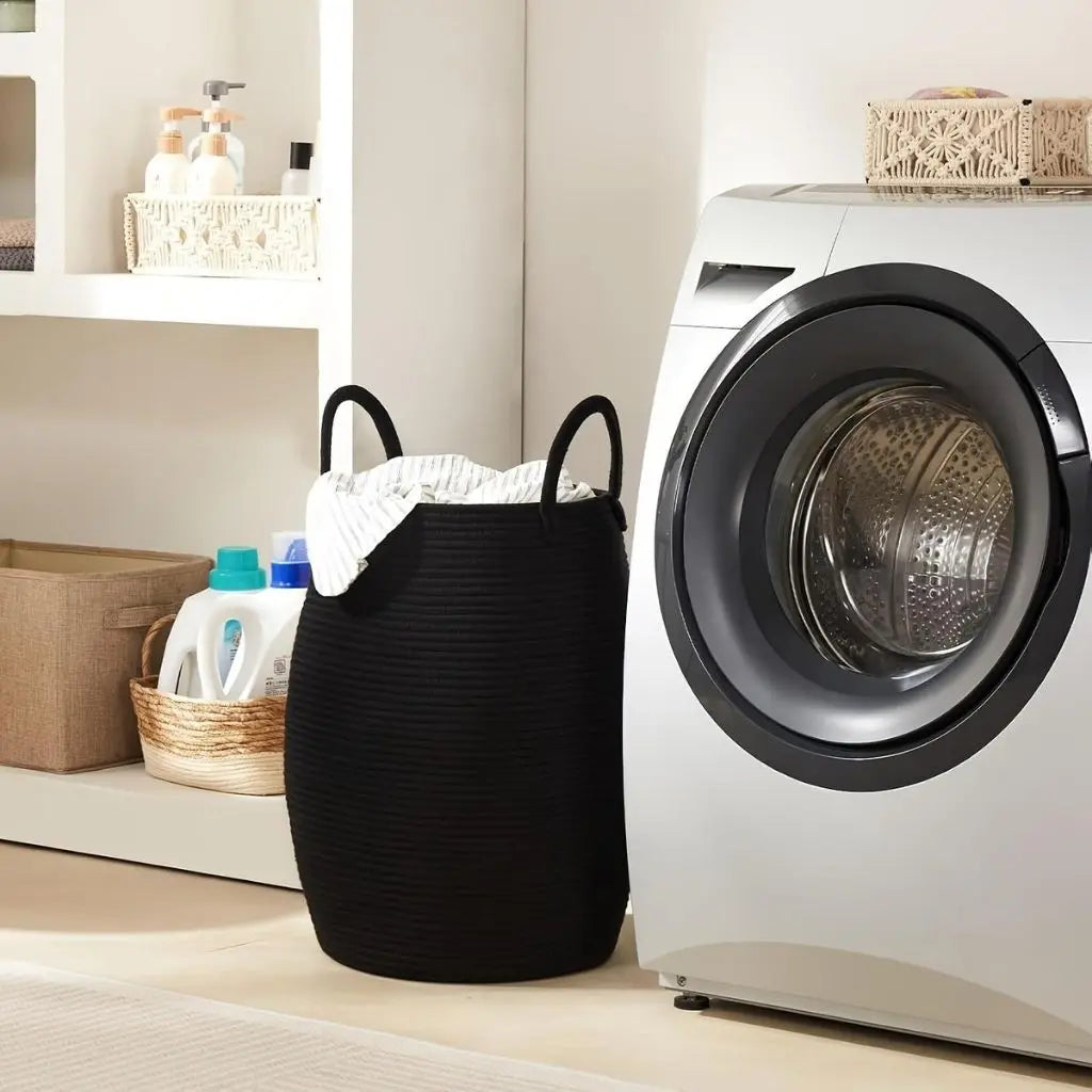 Large woven home storage container for laundry towels and toys with functional design