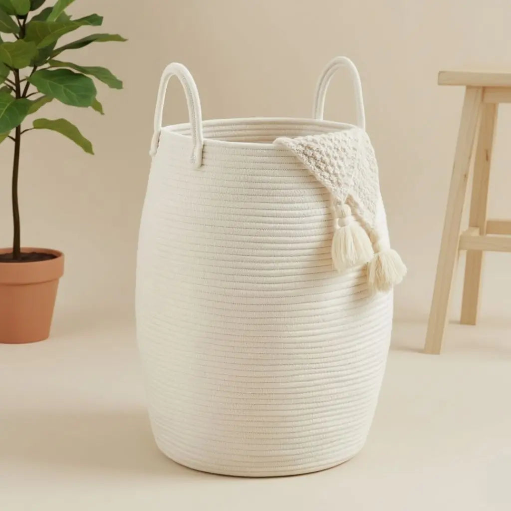 Large woven laundry basket with 65L capacity for bedroom and bathroom storage organization