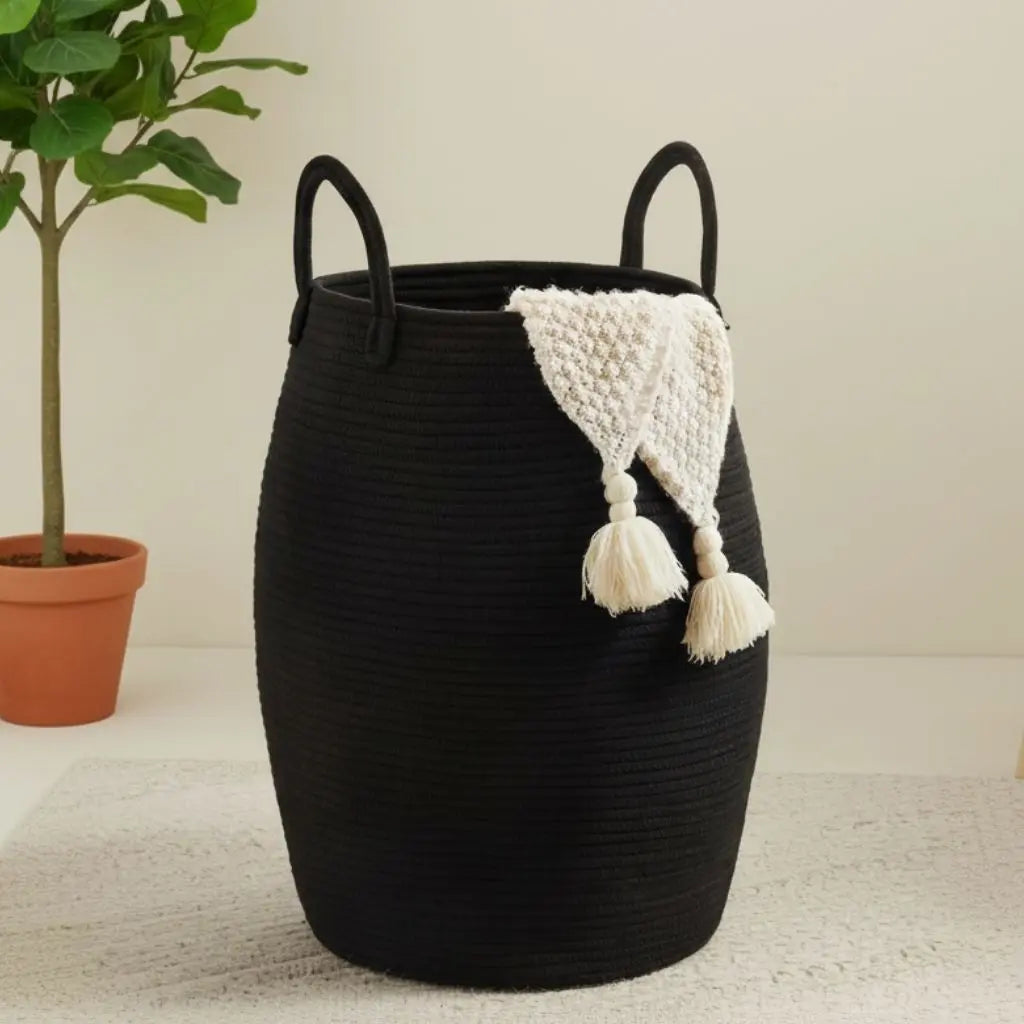 Collapsible woven laundry hamper for space efficient bathroom and bedroom organization