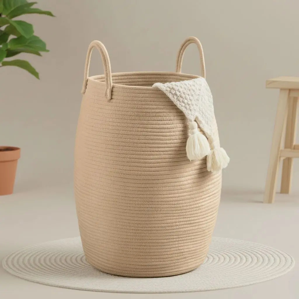 Portable woven laundry basket with extended handles for easy room to room transport